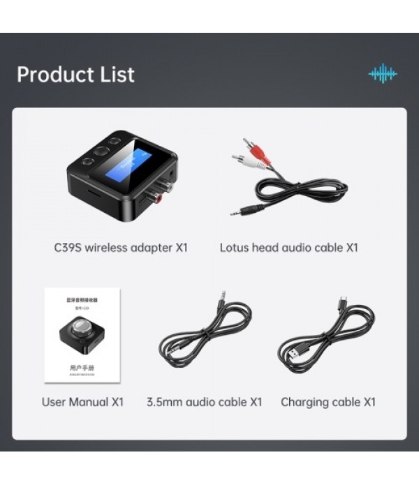 C39S BT 5.0 Audio Receiver Transmitter LCD Display For Car TV PC Headphone 3.5MM AUX Stereo MP3 Player Wireless Adapter