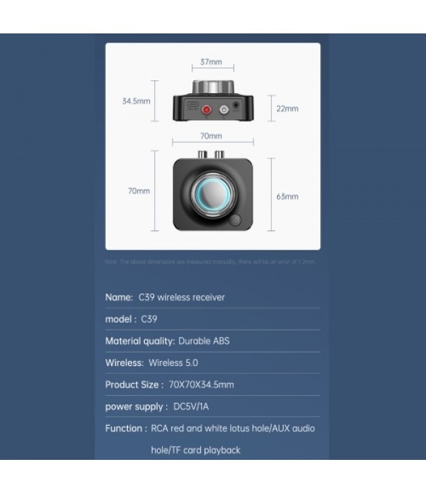 C39 BT 5.0 Wireless Audio Receiver 3.5mm AUX Jack Home Adapter Dual Channel Connection For Car Kit Wired Speaker