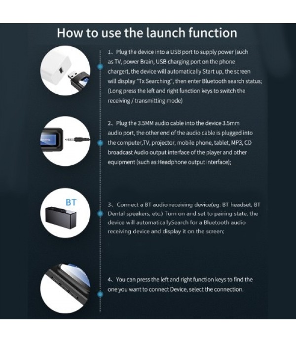 Wireless Adapter Bluetooth 5.0 Audio Transmitter Receiver 3.5mm Aux Jack 2 IN 1 USB Bluetooth Dongle with LCD Display For TV PC