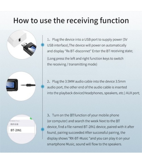 Wireless Adapter Bluetooth 5.0 Audio Transmitter Receiver 3.5mm Aux Jack 2 IN 1 USB Bluetooth Dongle with LCD Display For TV PC