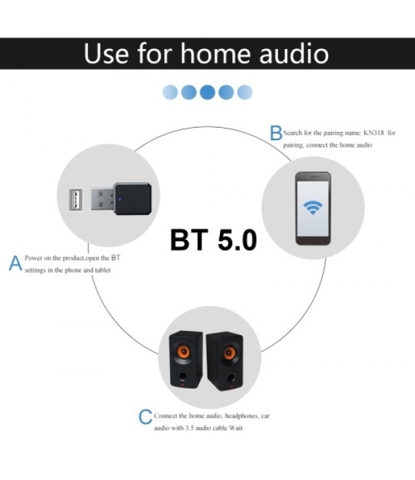 KN318 BT 5.1 Audio Receiver Adapter 3.5mm AUX Jack USB Dongle Music Portable Wireless BT Adapter For Car PC TV Headphones