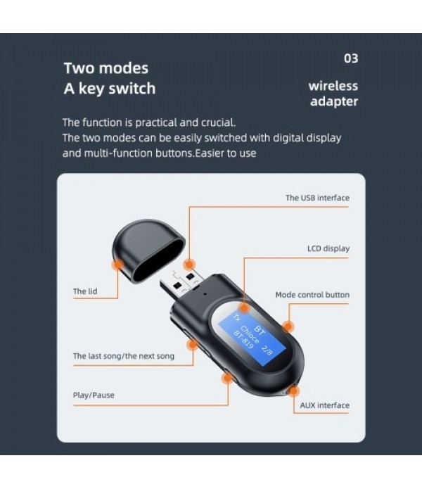 BT-17 USB Audio Transmitter Receiver BT5.0 Wireless Music Adapter LCD Display 3.5mm AUX Audio Adapter for TV Speaker Headphones 