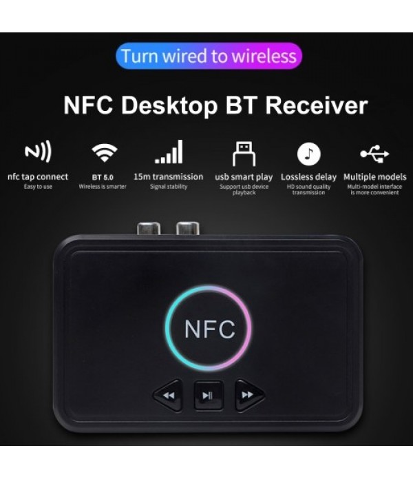 NFC Bluetooth 5.0 Receiver Wireless Audio Receiver Adapter with Microphone RCA AUX Out U Disk Music Playback for Headphones Spea