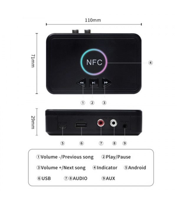 NFC Bluetooth 5.0 Receiver Wireless Audio Receiver Adapter with Microphone RCA AUX Out U Disk Music Playback for Headphones Spea