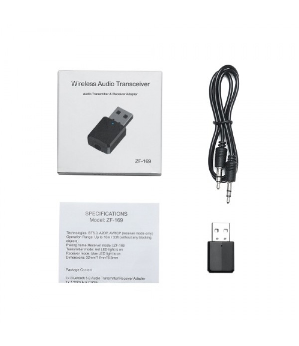 ZF-169 Bluetooth Receiver Transmitter Wireless Audio Adapter BT 5.0 with AUX Out for Headphone Speaker Phones PC Audio Player Ho