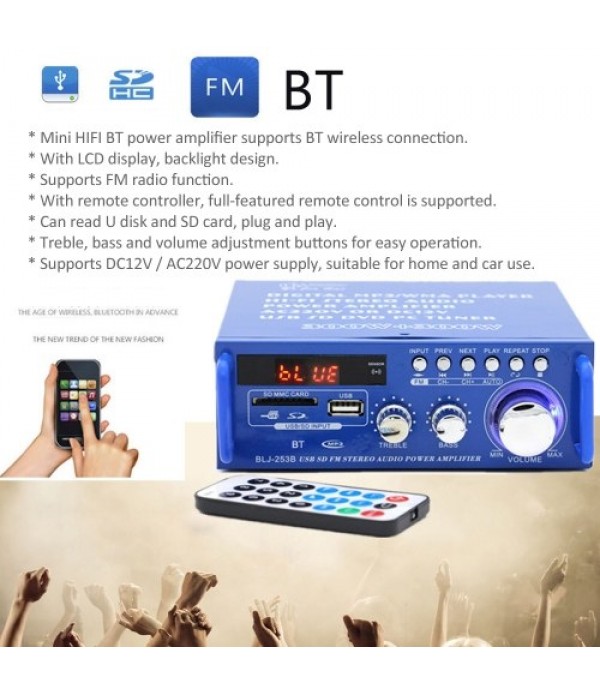 12V / 220V Mini Audio Power Amplifier BT Digital Audio Receiver AMP USB SD Slot MP3 Player FM Radio LCD Display with Remote Cont