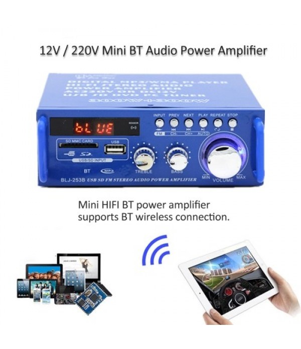 12V / 220V Mini Audio Power Amplifier BT Digital Audio Receiver AMP USB SD Slot MP3 Player FM Radio LCD Display with Remote Cont