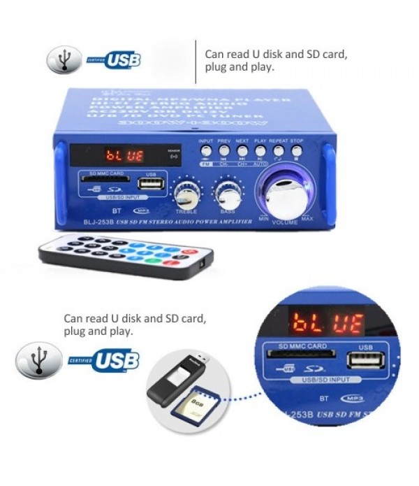 12V / 220V Mini Audio Power Amplifier BT Digital Audio Receiver AMP USB SD Slot MP3 Player FM Radio LCD Display with Remote Cont