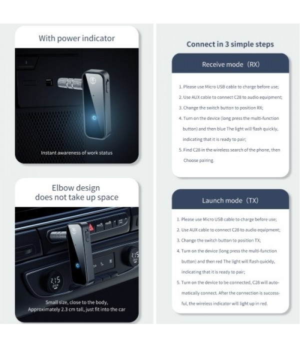 C28 Bluetooth Transmitter &amp; Receiver Hands-free Car Kit Wireless Audio Adapter with Microphone for Headphone Speaker Car Ste