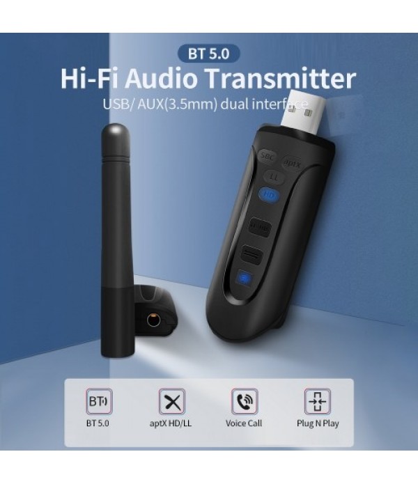 USB BT 5.0 Audio Transmitter with External Antenna Support Connecting 2 BT Devices AUX Input APTX HD/APTX LL/APTX Plug N Play