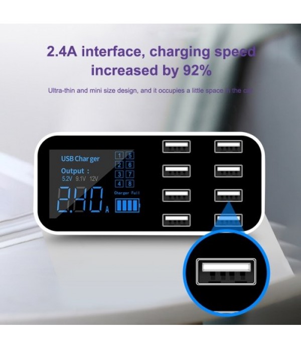 A9S Fast Car Charger 8 Port Multi USB LCD Display 12V Phone Charger USB Hub for Phone Tablets DVR