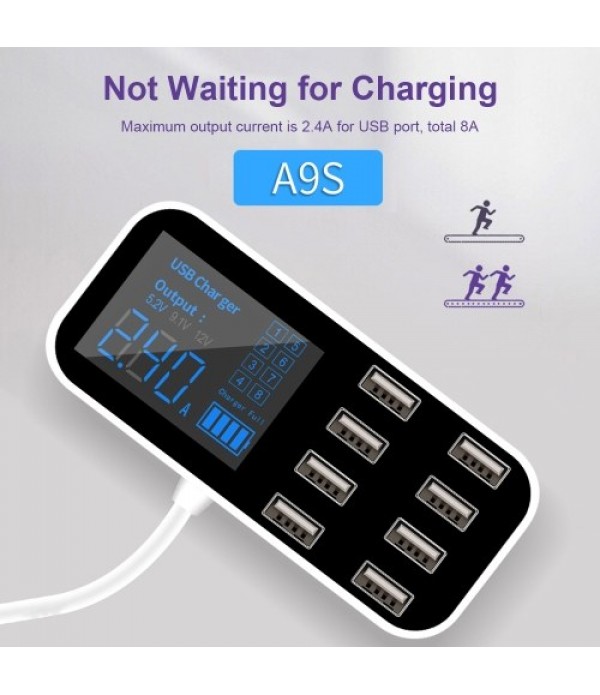 A9S Fast Car Charger 8 Port Multi USB LCD Display 12V Phone Charger USB Hub for Phone Tablets DVR