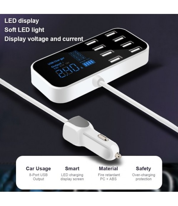 A9S Fast Car Charger 8 Port Multi USB LCD Display 12V Phone Charger USB Hub for Phone Tablets DVR