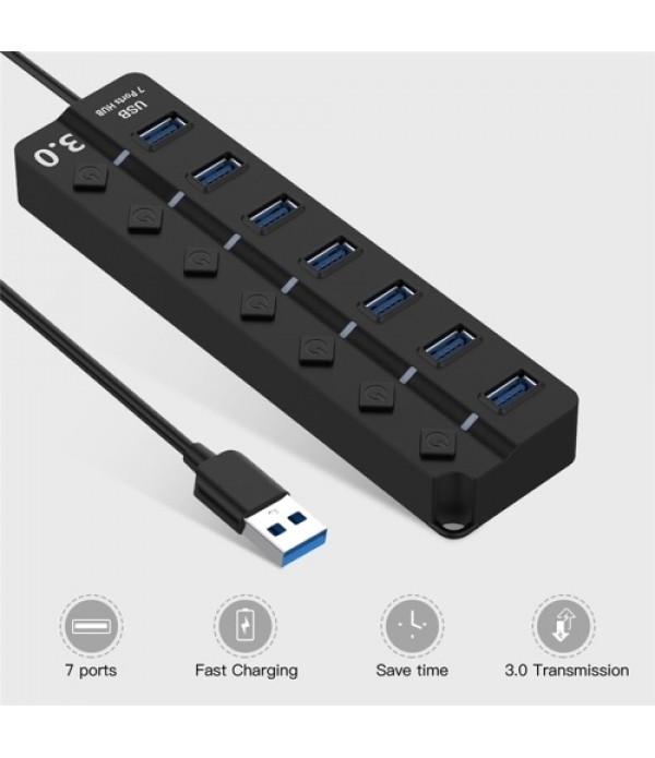 USB 3.0 HUB Splitter 7 Ports with On/Off Switches High Speed 5Gbps Micro Multiple USB Port Expander for PC Computer