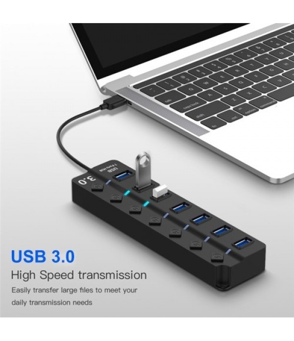 USB 3.0 HUB Splitter 7 Ports with On/Off Switches High Speed 5Gbps Micro Multiple USB Port Expander for PC Computer