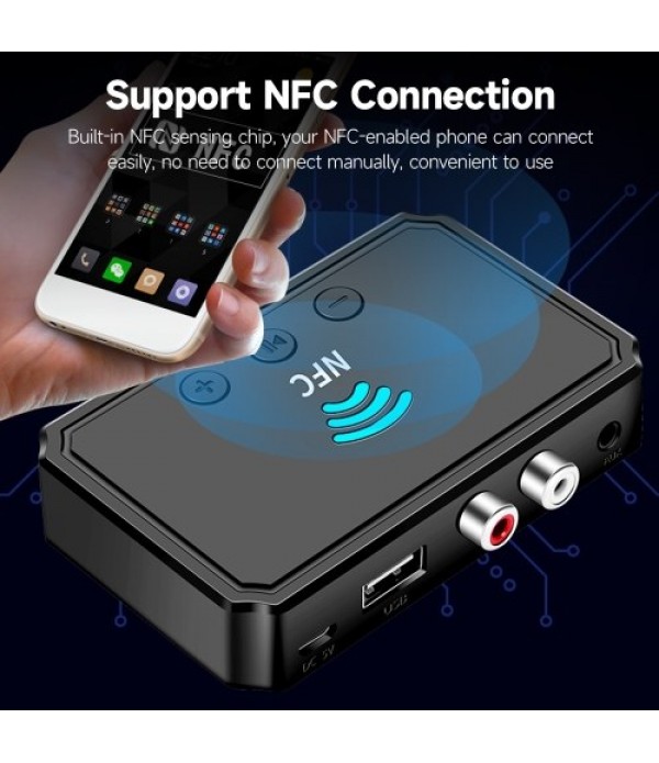 BT5.0 Adapter Multifunctional NFC BT Audio Receiver 15m Signal Transmission Lossless Sound Quality with USB RCA AUX Ports